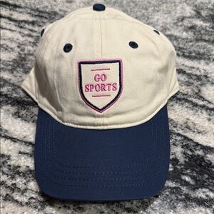 NWT Cream and Navy 'Go Sports' Cap from Frazier Sterling. OS Adjustable